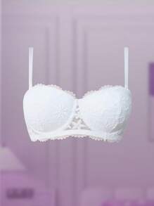 1pc Women Lace Underwire Push Up Lingerie Bra, White Color, Padded & Seamless, Adjustable Removable Strap, Invisible Back Closure, Versatile Wear - White - View 4