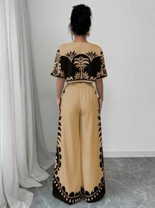 Rafferiza 女士休闲两件套，花卉印花短款上衣和阔腿裤，春夏假日风格 - 棕色 - 查看 2