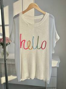 Comfortcana Plus Size Sommar Casual Bokstav Mönster Stickad Väst För Höst/Vinter - Vitt - Visa 1