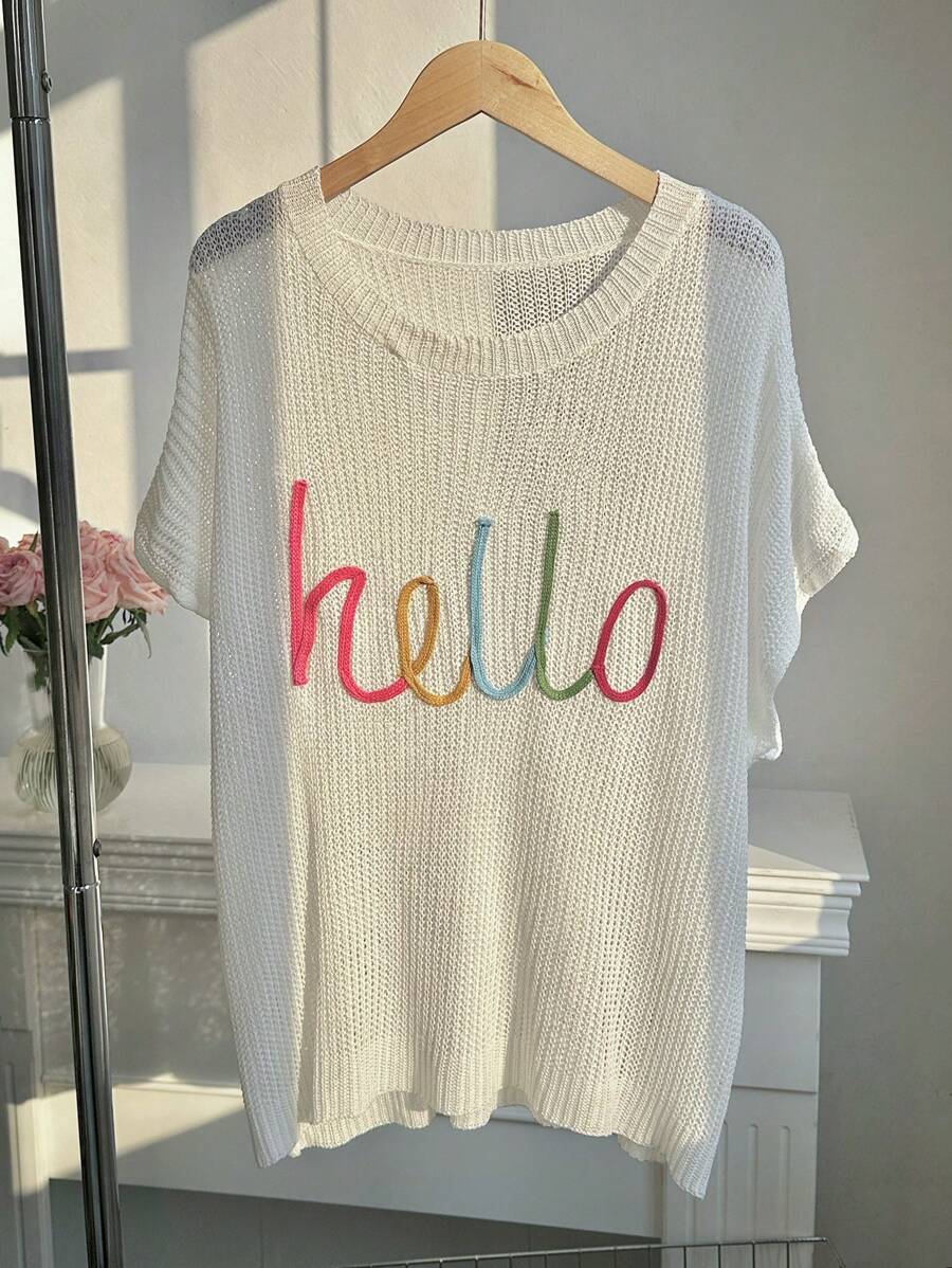 Comfortcana Plus Size Sommar Casual Bokstav Mönster Stickad Väst För Höst/Vinter - Vitt - Visa 1