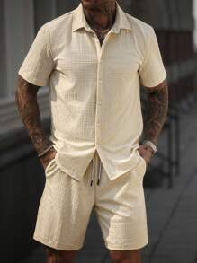 Manfinity Homme Men 2 Pieces Set: Short Sleeve Button Down Shirt With Shorts - Beige - View 2