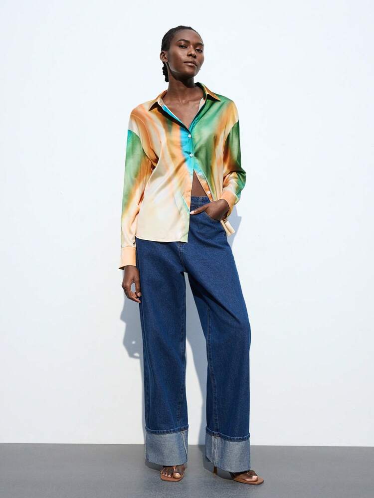 SHEIN Maija Women's Multicolor Woven Fabric Blouse: Casual, Long Sleeve Button-Front Collared Shirt With Abstract Print And Regular Hem