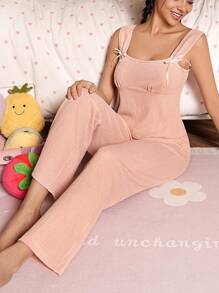 Women's Solid Color Jacquard Wide Strap Butterfly Decor Camisole And Pants Pajama Set