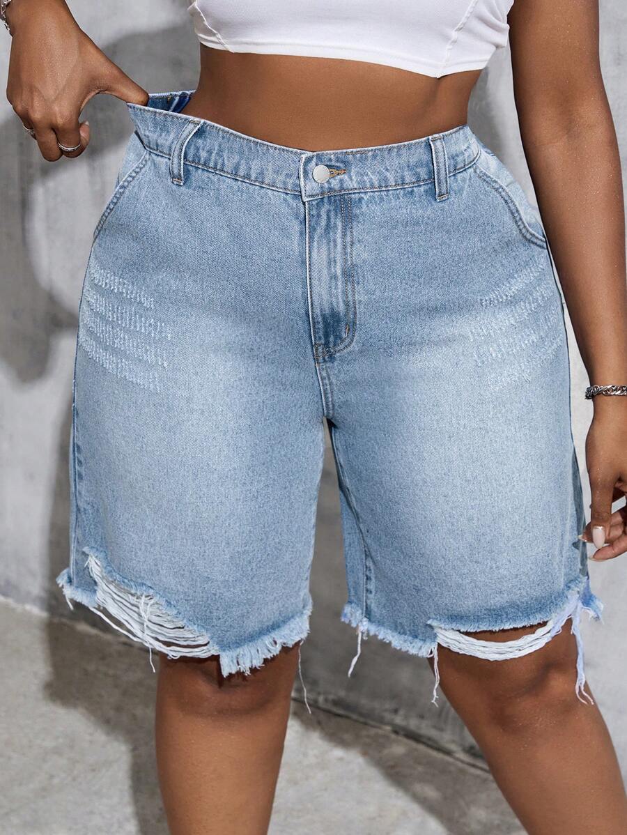 SHEIN Tall CURVE 女士加大码蓝色牛仔破洞口袋休闲短裤,夏季、度假女士、复活节、春季、西部风、女士办公室、狂欢派对、迎婴派对、乡村风、乡村女士、女士、纳什维尔、毕业典礼、女士西部装、Y2K 服装、Y2K、假日、教堂女士、机场 - 藍色 - 查看 1