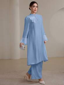 Graceveil 2pcs/Set Women Elegant Stand Collar Ruffle Cuff Long Sleeve Set Modest Fall Cloth For Women - Blue - View 7