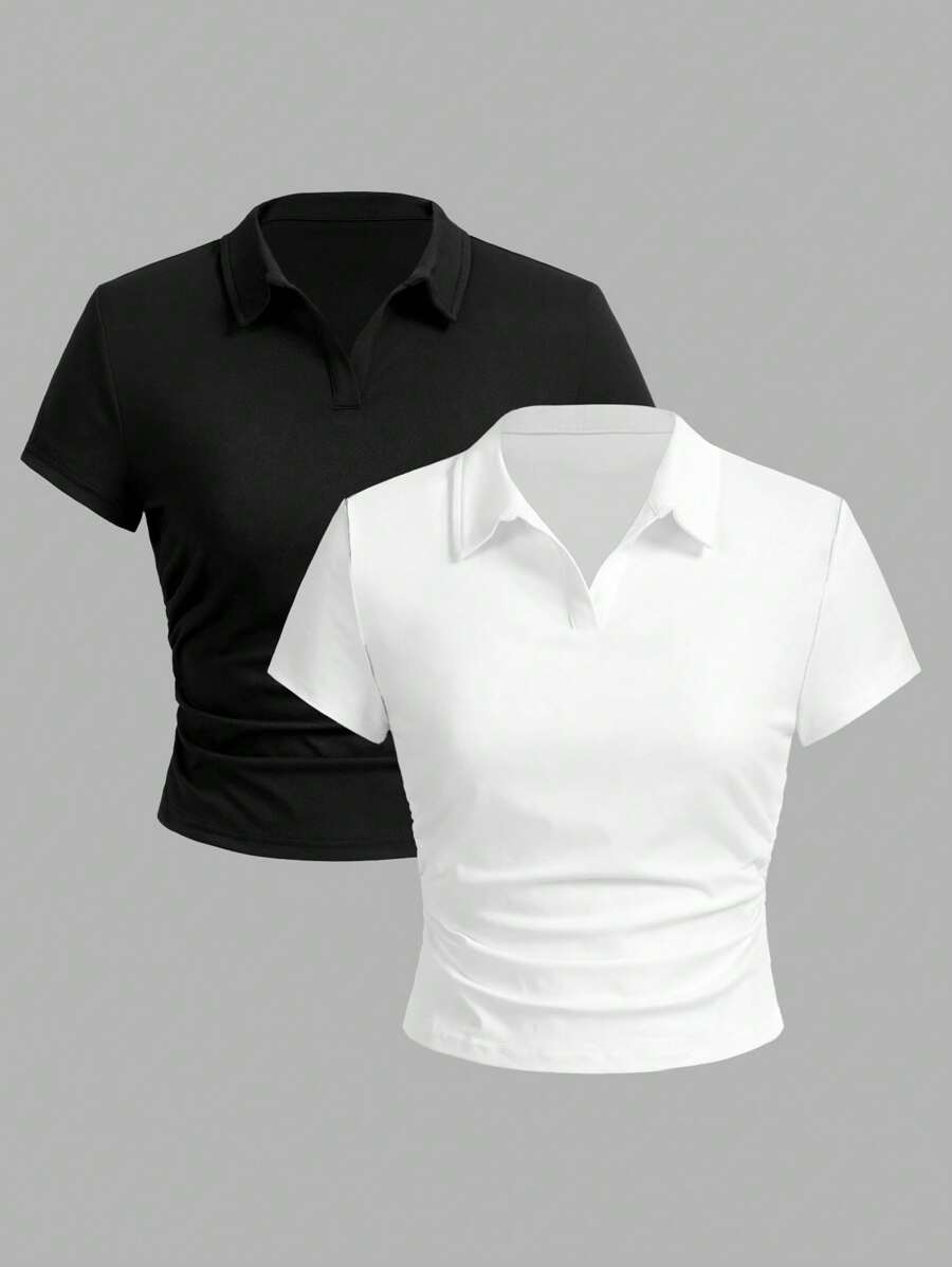 SHEIN Essnce 2pcs/Set Women's Collared Slim Fit Ruched Short Sleeve T-Shirt Suit, Suitable For Summer - Multicolor - View 1