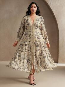 Anewsta Holiday, Casual, Festival, Vacation Elegant French Lace & Pearl Decor Flowy Long Sleeve Dress For Women - Apricot - View 7