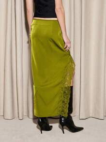AiiRZ Designer Satin Side Slit Evening Skirt With Delicate Lace Trim, Elegant Maxi Length Party Wear, Fall Winter Formal Occasion Skirt