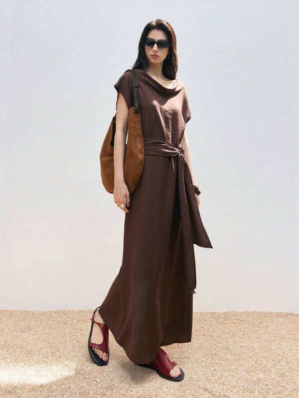 LYSMO Ancient Brown Linen Flared Sleeve Waist Tie Back Slit Fitted Casual Plus Size Dress,Dresses Casual