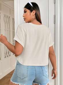 SHEIN EZwear Plus Size Gładka koszulka z krótkim rękawem i okrągłym dekoltem, modna na lato - Kolor khaki - Zobacz 2