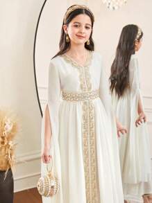 SHEIN 少女裹身 V 领金色缎带喇叭袖连衣裙