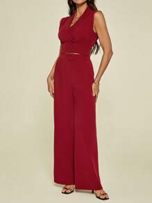 SHEIN Tall 2 件套女士纯色立领无袖衬衫和裤子休闲套装 - 紅色 - 查看 5