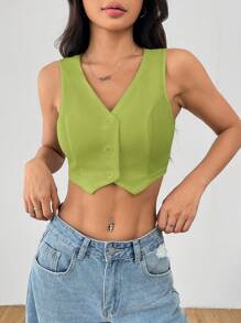 SHEIN PETITE Women's Green Knitted Casual Crop Blazer Vest: Sleeveless, V-Neck, Button-Front Design For A Chic Look - Green - View 4