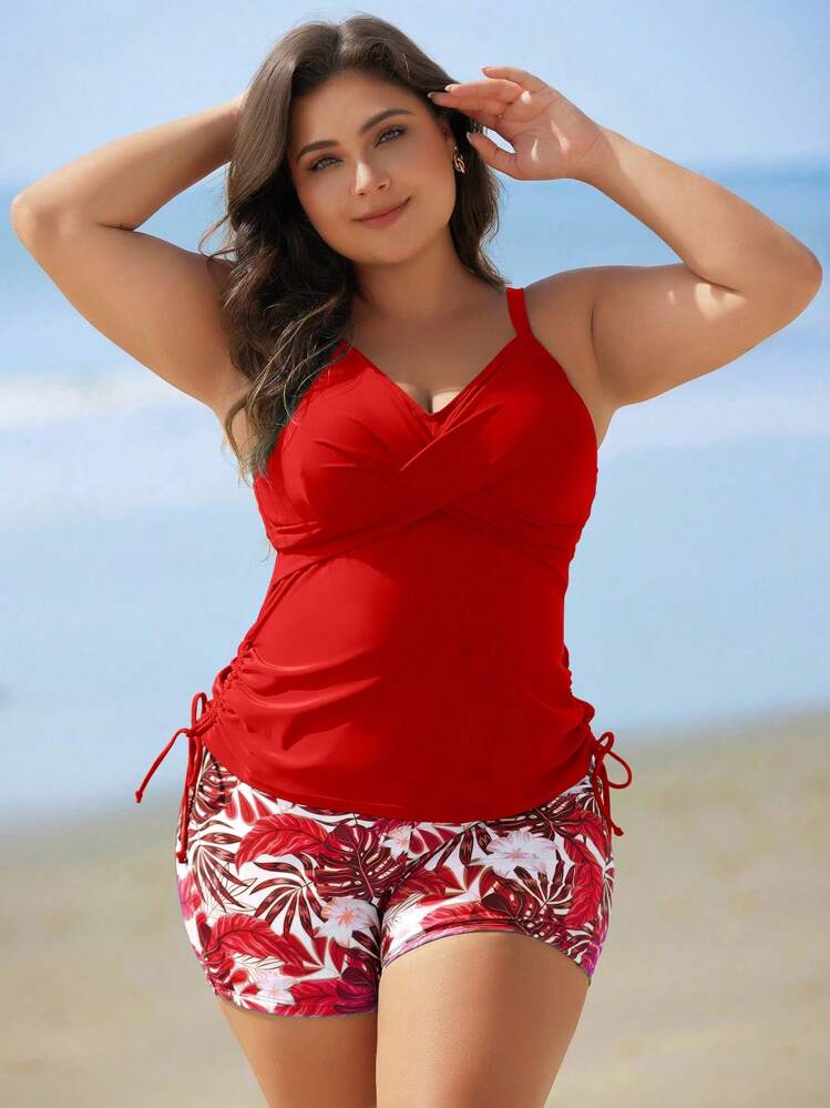 Swim Lushoire Set de 2 piezas de tankini con estampado floral para mujeres de talla grande - Rojo - Añade 5