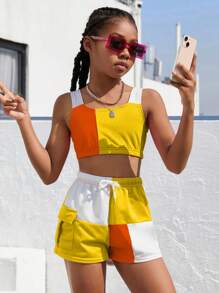 SHEIN Tween Girls 2pcs Contrast Color Splicing Crop Top And Shorts Set - Multicolor - View 3