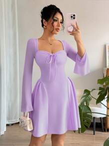 Selianne Neues Damen Mesh Patchwork Kleid mit geraffter Taille und Schleife am Kragen, A-Linie, tailliert, modisch, vielseitig, jung, elegant, sexy, Mini-Kleid - Violett - Übersicht 3