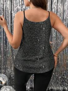 SHEIN Unity Plus Size Women Solid Color Sequin Decor Loose Camisole For Holiday Party Clothes - Black - View 2