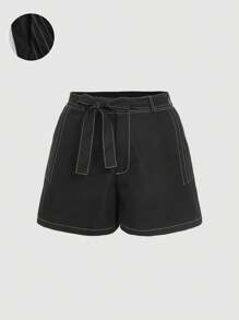 SHEIN MOD Plus Size Black With White Trim Denim Effect Woven Shorts,Summer Outfits For Women ,Festival Outfits For Women,Office Outfits For Women - Black - View 5