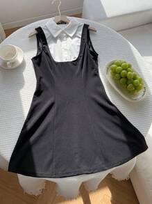 Comfortcana Zomer kantoor V-hals contrasterende rand taille A-lijn mouwloze mini-jurk