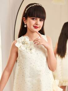 SHEIN Tween Girls Elegant Fitted Handmade Beaded 3D Floral Mesh Organza A-Line Sleeveless Dress, Loose Fit Woven Plain Fabric, Suitable For Wedding, Party, Birthday, Apricot & Champagne Colors