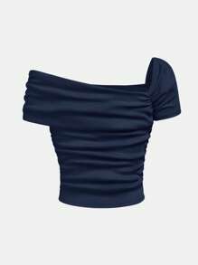 SHEIN Girlism Camiseta casual de un hombro fruncida de punto acanalado de unicolor para adolescentes