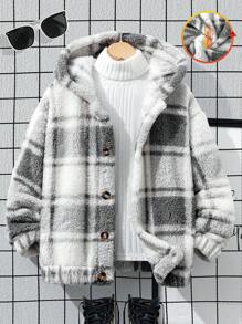 Tween Boy 连帽保暖内衬厚保暖夹克，灰色和白色格子，户外休闲装，冬季服装