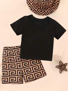 SHEIN Toddler Boys' Casual Creative Geometric Pattern Printed Crew Neck Short Sleeve T-Shirt And Shorts Set - Multicolor - View 2