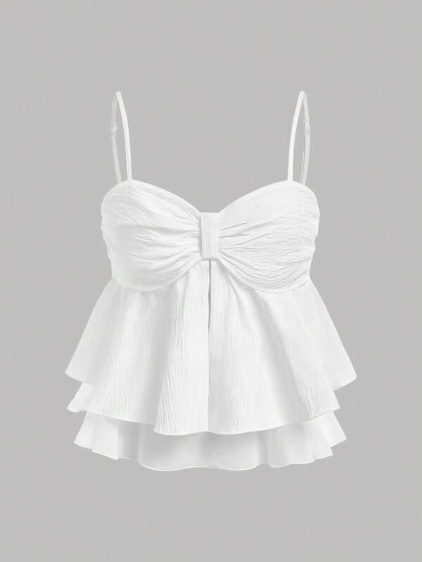 Girlism TEENGIRL Summer White Sweet Pleated Ruffle Trim Camisole Top,Summer Crop Tops