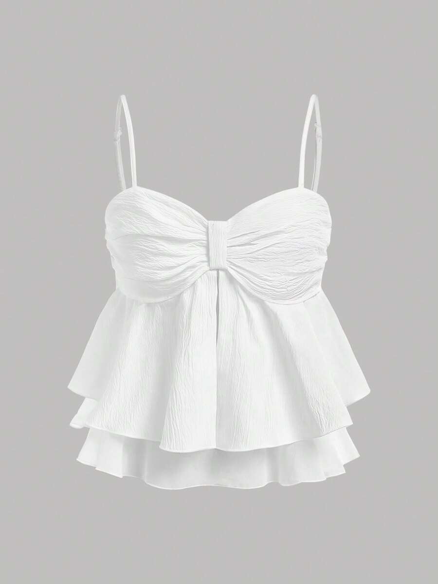 Girlism TEENGIRL 夏季白色甜美褶皱荷叶边吊带背心上衣，夏季短款上衣