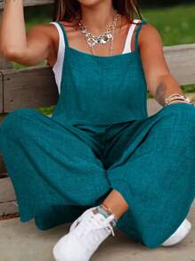 EMERY ROSE 大码牛仔效果纹理方领休闲连体裤，适合室内和室外