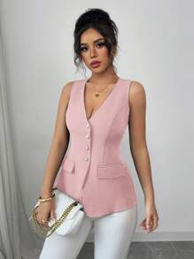 Elenzga Camicia elegante da donna senza maniche e senza colletto, casual e adatta per l'ufficio, di colore unito con scollo a V, decorazioni con bottoni effetto perla, aderente