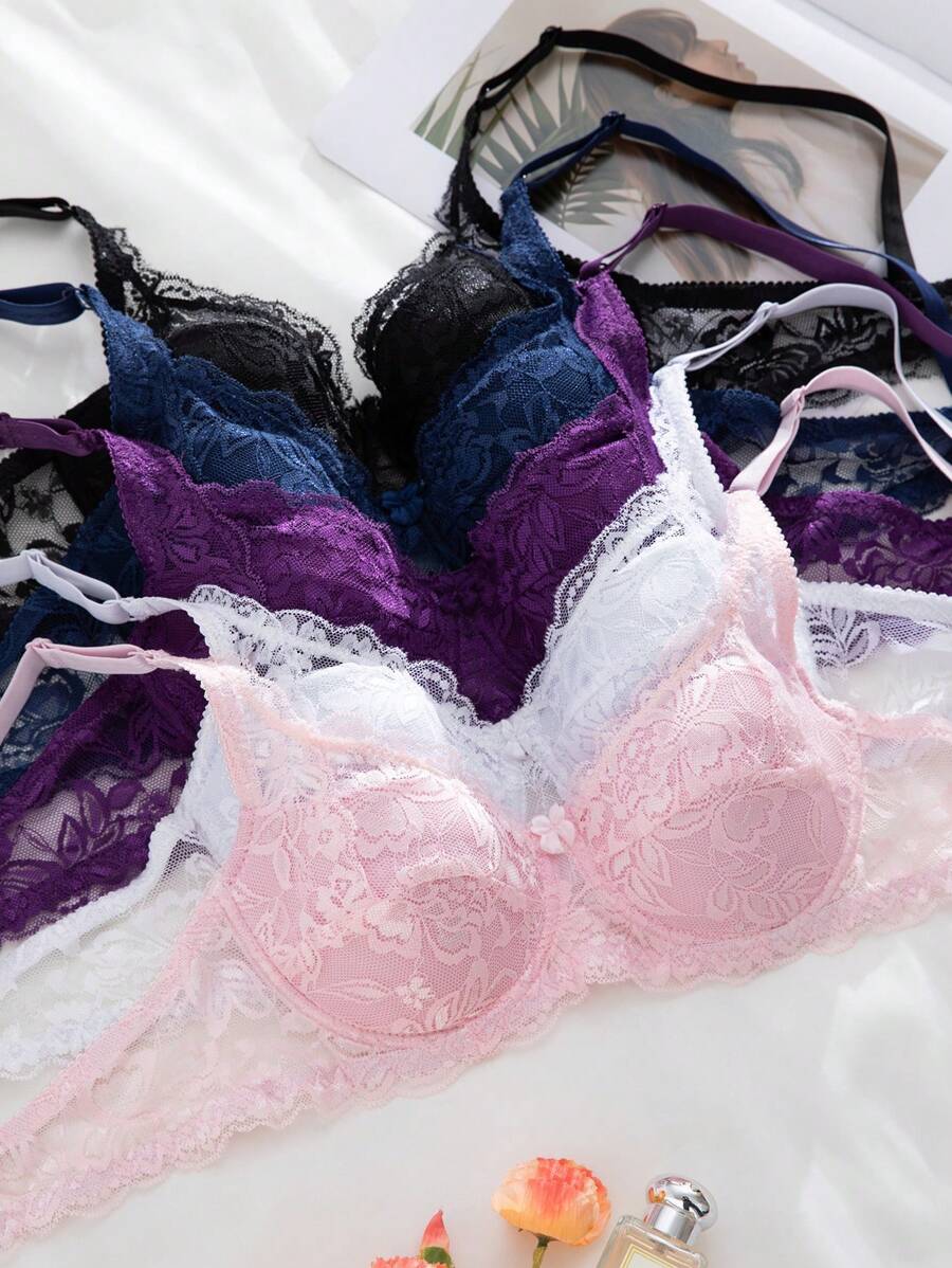 5件套女士蕾丝钢圈性感内衣文胸套装 - 彩色 - 查看 1