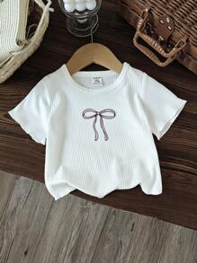 Baby Girl/Infant Casual Bow Knitted Short Sleeve Cropped Tee Shirt, Spring/Summer - White - View 1