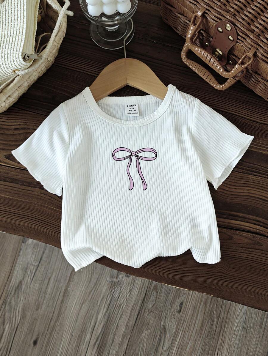 Baby Girl/Infant Casual Bow Knitted Short Sleeve Cropped Tee Shirt, Spring/Summer - White - View 1