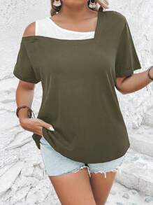 EMERY ROSE Plus Size Women Asymmetric Contrast Color Short Sleeve Casual T-Shirt - Army Green - View 3