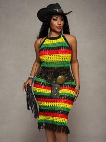 Slaydiva Plus Size Women Contrast Color Hollow Out Tassel Hemline Sexy Halter Knit Dress Winter Fall Autumn - Multicolor - View 9