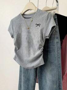 SHEIN Explorewe 3pcs Tween Girls Casual Versatile Black Bow Front Print Short Sleeve Gathered Waist T-Shirt Set, School, Campus, College Summer Holiday