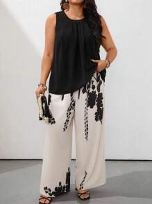 EMERY ROSE 2pcs Ladies' Summer Chiffon Ruffle Front Sleeveless Top And Wide Leg Printed Pants Casual Suit - Black - View 5