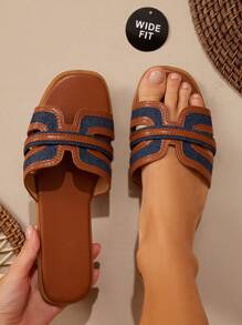 SHUZIA Glamorous Multi Color Tan Navy Pu Leather Wide Fit Fashionable Summer H Style Sandal Slide Shoe - Navy Blue - View 1