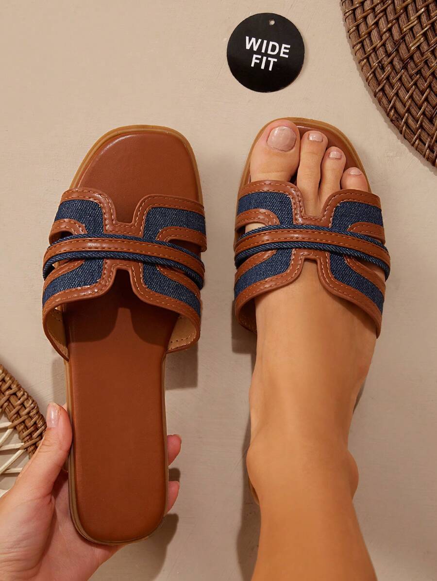 SHUZIA Glamorous Multi Color Tan Navy Pu Leather Wide Fit Fashionable Summer H Style Sandal Slide Shoe - Navy Blue - View 1