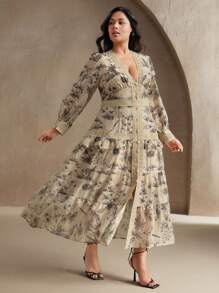 Anewsta Holiday, Casual, Festival, Vacation Elegant French Lace & Pearl Decor Flowy Long Sleeve Dress For Women - Apricot - View 4