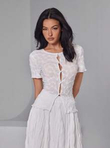Roylia Blouse à manches courtes texturée en jacquard de mode pour femmes - Blanc - Voir 3