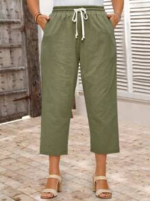 EMERY ROSE 大码女式夏季抽绳腰带口袋休闲军绿色七分裤，舒适透气，适合度假穿着 - 軍綠色 - 查看 4