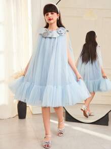 SHEIN Tween Girl Elegant Floral Petal Collar Contrast Mesh Jacquard A-Line Dress - Blue - View 5