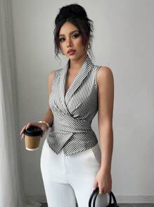 Elenzga Áo cánh thanh lịch không tay cổ chữ V thắt eo cho nữ - màu đen - Xem 4