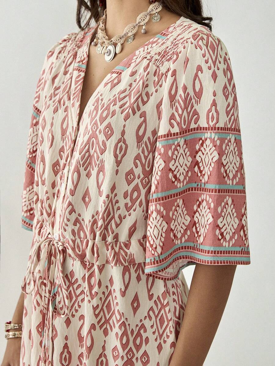Florisole Summer Women's Vacation Bohemian Floral Print V-Neck Cinched Waist Dress - Pink - View 1