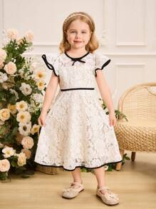 SHEIN Glamorique Kids Váy ren viền tương phản thanh lịch cho bé gái - trắng - Xem 6