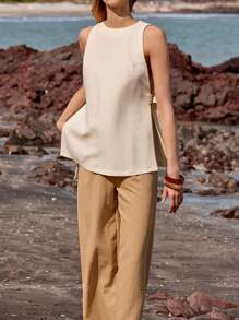 SHEIN LUNE 2 pezzi Set di canotta con scollo tondo e pantaloni lunghi casual e da ufficio per donne - Cachi - Visualizzare 7