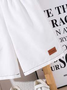 2pcs Tween Boy Casual Sporty Chic Simple Versatile Soft Comfortable Black & White Striped Letter Graphic Short Sleeve T-Shirt And Elastic Waist Woven Shorts Set, Suitable For Spring And Summer, Ideal For Everyday Wear, Outdoor Play, School, Streetwear, Party And Lounging