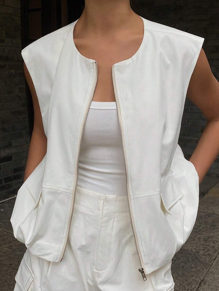 Livesso 女士圆领拉链无袖短夹克背心，百搭 - 白色 - 查看 1